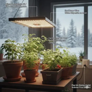 Illustration of the cooling system in panel grow lights for indoor garden temperature control.