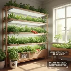 Illustration of an indoor vegetable garden (potager d'intérieur) with bilingual English and French labels.