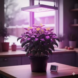 Illustration of the benefits of purple grow lights for the flowering stage of indoor vegetable plants in a Canadian home.