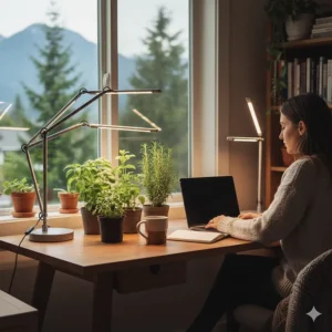 A cozy home office setup in Vancouver featuring desk plant grow lights for an indoor herb garden.