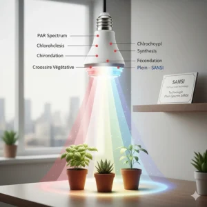 Diagram of SANSI grow light bulb full spectrum technology mimicking natural sunlight for Canadian homes.