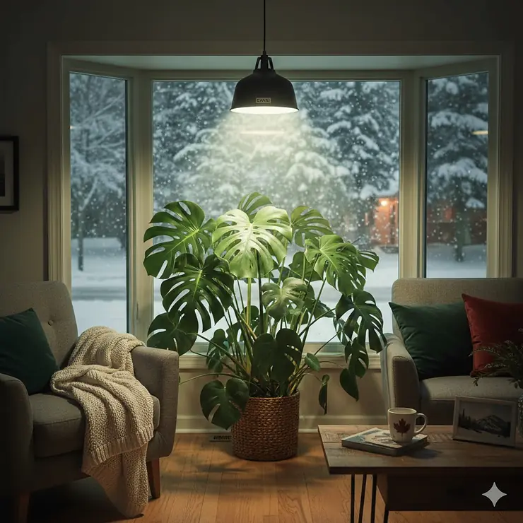 A SANSI grow light bulb providing full-spectrum light to indoor tropical plants in a Canadian home during winter.