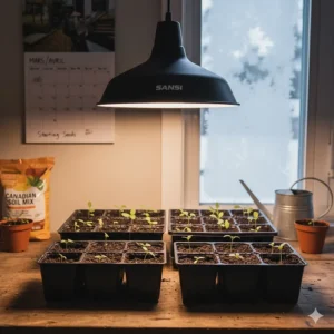Starting vegetable seeds indoors with a SANSI grow light bulb for a Canadian backyard garden.
