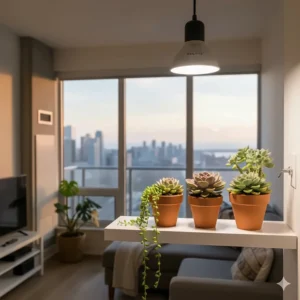 SANSI grow light bulb installed in a compact Toronto condo to sustain light-sensitive succulents.