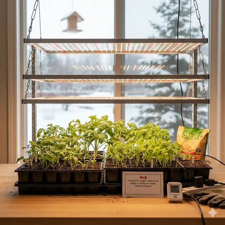 A professional indoor seedling grow lights Canada setup featuring LED panels over native vegetable starts in a Canadian home.
