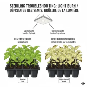 Comparison illustration of healthy green seedlings versus light-burned leaves under intense grow lights.