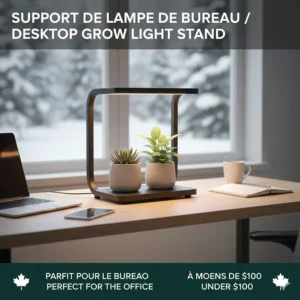Compact desktop grow light stand under $100 used for an office desk plant in a Canadian workspace.
