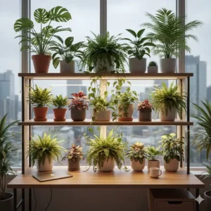 A tiered desk shelf with multiple tropical plants and integrated grow lights for a lush Canadian office jungle.