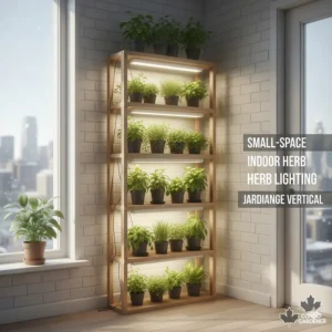 Compact vertical garden setup using grow lights for indoor herbs in a small Canadian apartment or condo.