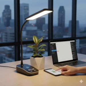 An automated desk plant grow light with a timer setting, perfect for busy professionals in Calgary or Montreal.