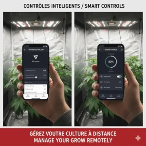 Mobile app dimming and timer controls for Spider Farmer and VIPARSPECTRA smart LED grow light systems.