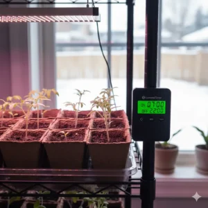 Close-up illustration of vegetable seedlings under a grow light controlled by an automatic timer for spring planting.