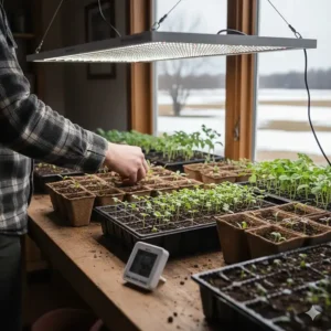 Illustration of vegetable seedlings being started indoors under full spectrum light to prepare for the Canadian spring planting season.