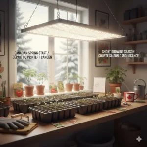 Illustration of seed starting trays under grow lights in preparation for the Canadian short growing season.