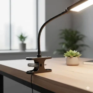 Close-up illustration of a heavy-duty metal clamp on a clip on grow light for houseplants attached securely to a wooden desk.