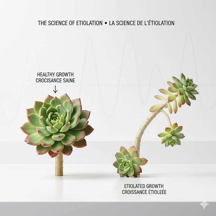 Diagram comparing a healthy compact Echeveria to an etiolated stretched succulent caused by low light levels in northern climates like Canada. grow lights for succulents Canada prevent etiolation