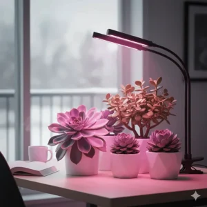 A collection of echeveria and jade plants thriving under the pink-hued glow of clip on grow lights for houseplants in a home office.