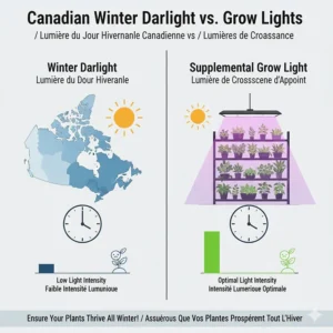 Illustration showing how grow lights supplement the short daylight hours of a Canadian winter for indoor gardening.