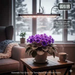 Illustration of a light timer set for 12 hours to trigger blooming in African violets (lampes de croissance pour saintpaulias).