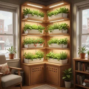 Vertical shelving unit for a small Canadian apartment featuring a compact grow light system for vegetables.