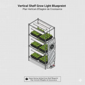 Space-saving vertical shelving blueprint for a multi-tier seedling grow lights Canada setup in a small apartment.