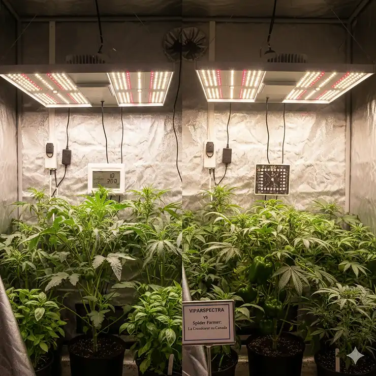 Comparison of VIPARSPECTRA vs Spider Farmer grow lights for indoor cannabis and vegetable gardening in Canada. VIPARSPECTRA vs Spider Farmer grow lights