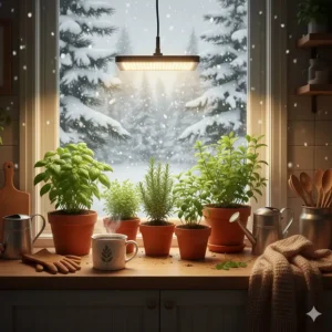 A cozy illustration of a kitchen herb garden with grow lights while it snows outside a Canadian window.