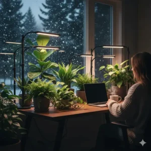 Illustration showing how desk plant grow lights maintain green foliage during a dark Canadian winter.