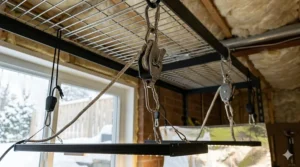 Heavy-duty rope ratchet grow light accessories for securing overhead lighting in a basement garden.