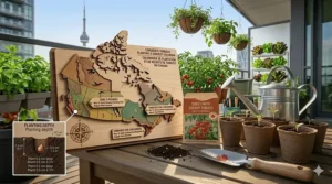Illustration of a compact Vancouver-style balcony garden using high-yield cherry tomato seeds for containers.