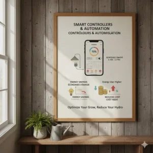 A bilingual English and French graphic showing how different light spectrums affect plant growth and electricity consumption in Canada.