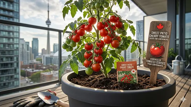 A prolific cherry tomato plant growing in a container on a Canadian urban balcony, showcasing the best cherry tomato seeds for containers in Canada.