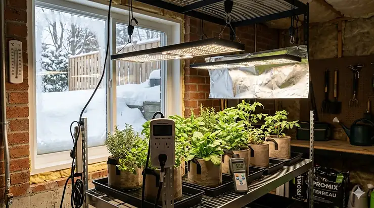 A modern indoor garden setup in a Canadian home featuring LED grow light accessories and adjustable hanging kits for year-round cultivation.