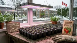 A stylized map of Canada highlighting plant hardiness zones suitable for early-maturing peppers.
