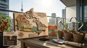 Map of Canada highlights planting dates for cherry tomato seeds for containers based on regional hardiness zones.