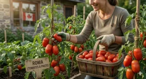 A photorealistic 4K image showing a detailed, bilingual (EN/FR) Plant Hardiness Zone map of Canada open on a rustic desk, surrounded by Amish Paste and San Marzano tomato seedlings in pots, optimized for determining optimal seed sowing dates in a short growing season.