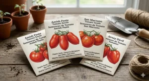 A photorealistic 4K close-up of several glass Bernardin canning jars filled with homemade tomato sauce, featuring legible bilingual (EN/FR) labels and artistic tomato illustrations on a rustic wooden shelf, positioned behind a San Marzano paste tomato seed packet for direct product-to-seed reference in a Canadian context.
