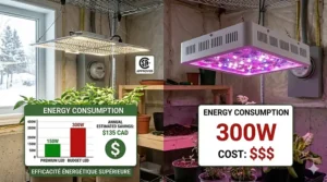 A 4K photorealistic illustration showing a detailed comparison of spectral output between a premium LED and a budget LED grow light. The premium light displays a full-spectrum graph 'Spectre complet' optimized for all plant stages, while the budget light highlights missing critical wavelengths.