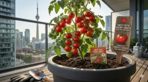 Artistic seed packet for cherry tomato seeds for containers featuring English and French (semences de tomates cerises) labeling.