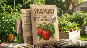 Illustrated packet of short season bell pepper seeds with a 70-day maturity badge for Canadian climates.