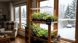 A cozy Canadian indoor garden featuring vibrant leafy greens under LED panels, with a snowy winter landscape visible through a nearby window.