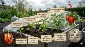A visual timeline showing the rapid growth cycle of short season bell pepper seeds from sprout to harvest.