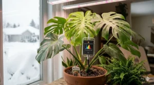 Educational chart showing the light spectrum of winter grow lights for indoor plants, highlighting blue and red waves for growth.