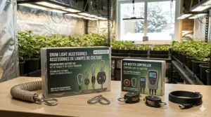 Eco-friendly packaging for grow light accessories featuring bilingual English and French labeling for the Canadian market.