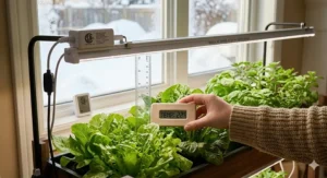 Diagram showing the safe distance between LED grow lights and plants to prevent overheating in a home grow setup.