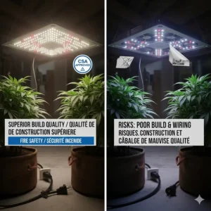 A 4K photorealistic illustration comparing thermal management of grow lights. The premium LED shows effective cooling that prevents heat stress and leaf burn in small Canadian grow spaces, while the budget light demonstrates poor heat dissipation that puts indoor plants at risk of damage.
