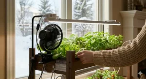 Illustration showing a small clip-on fan providing airflow around grow lights to prevent heat buildup in an enclosed indoor space.