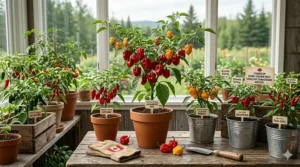 Illustration of potted habanero plants thriving on a sunny Canadian patio during the peak of summer.