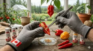 A close-up illustration of a gardener carefully extracting seeds from a ripe Canadian-grown ghost pepper.