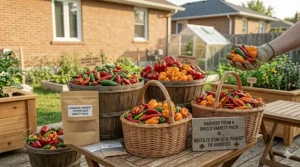 A colorful basket of various peppers harvested in Canada from a single pepper seed variety pack.
